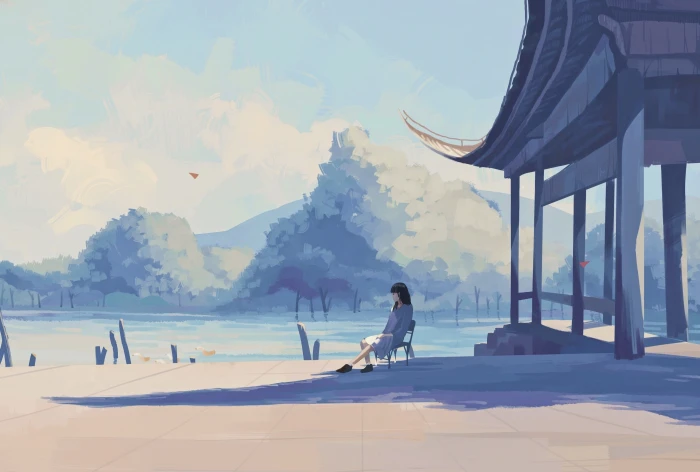 lonely anime girl lake pastel colors shadow real people 2k 4k