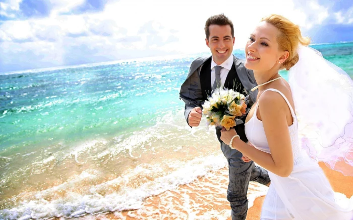 Man Woman Wedding Photos sea beach love couple HD Wallpaper 2k