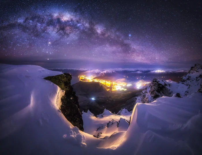 mountain landscape nature Milky Way galaxy city starry night 2k