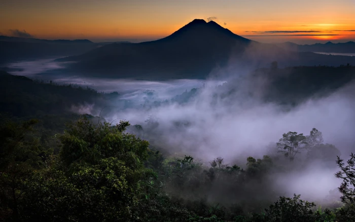 nature landscape mist mountains valley volcano forest 2k