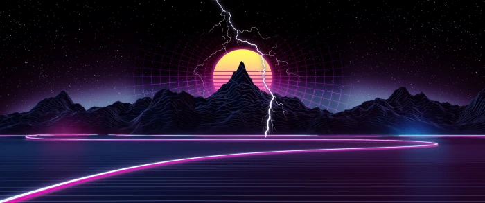 retrowave synthwave neon ultrawide grid landscape vaporwave 2k
