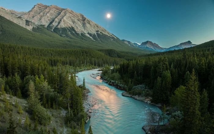 River Moonlight Mountains Landscape Forest Trees HD nature 2k