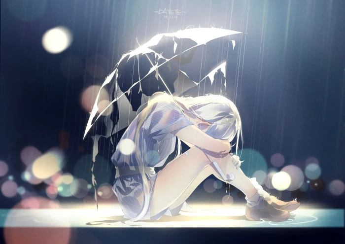 sad rain crying umbrella anime girls white hair 2k