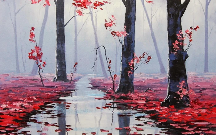 three red leafed trees bare on body of water nature painting 2k