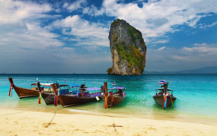 Tropical Beach Traditional Longtail Boats Andaman Sea Thailand 2k
