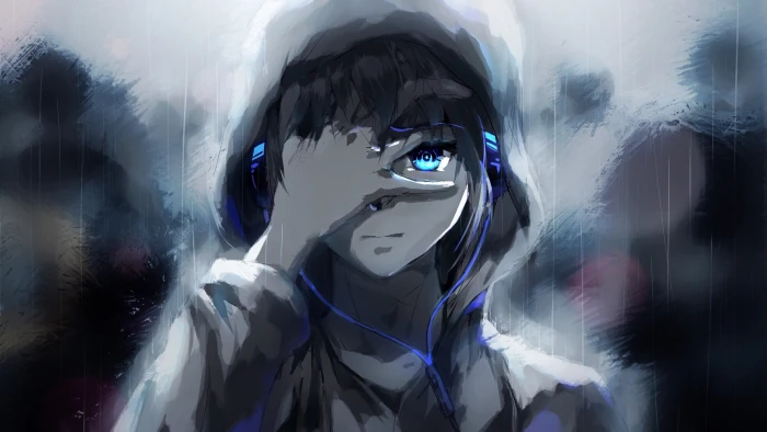 anime boy hoodie blue eyes headphones painting 2k