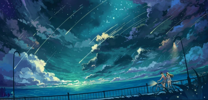 couple riding bike digital wallpaper stars sea clouds night 2k 4k