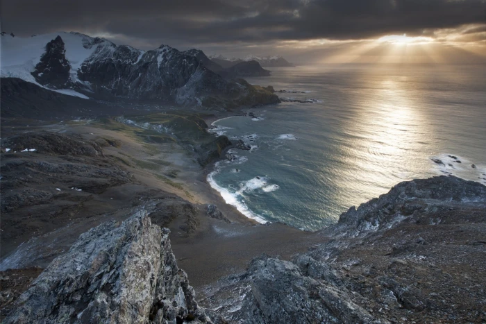 mountain range with snow landscape nature beach bay sea 2k