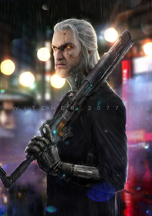 witcher geralt of rivia raining artwork cyborg futuristic