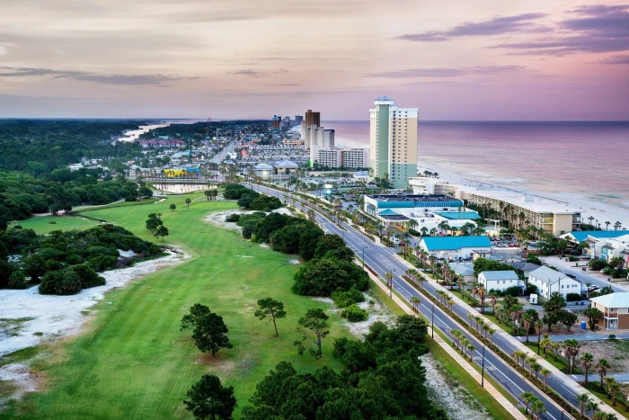 aerial view road highway clouds trees cityscape sea Panama City 2k
