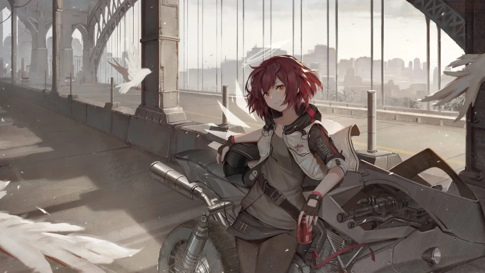 anime girls redhead looking at viewer motorcycle 2k