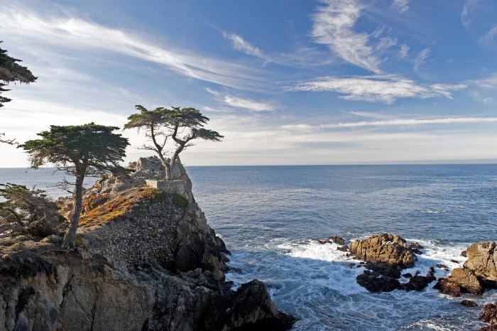 cliff near body of water under white cloudy sky during daytime lone cypress monterey 2k