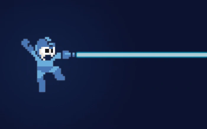 pixelated Mega Man retro games blue background 8 bit minimalism 2k