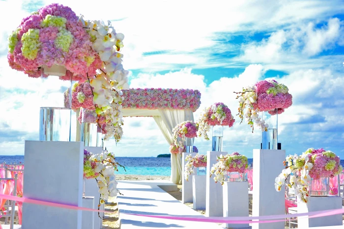 sea landscape sky beach wedding chairs clouds daylight 2k