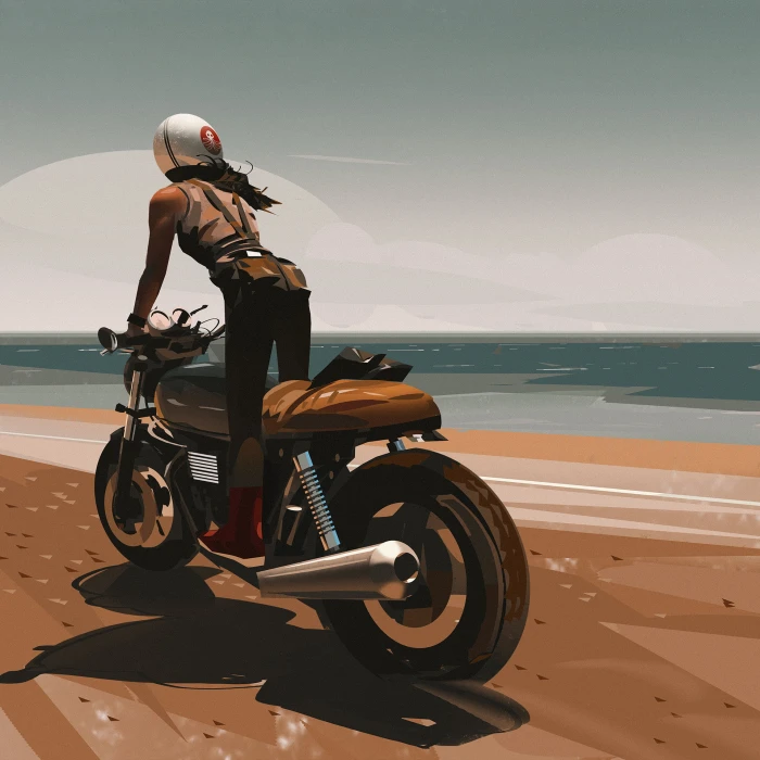 women bikes beach sea digital artwork motorcycle 2k