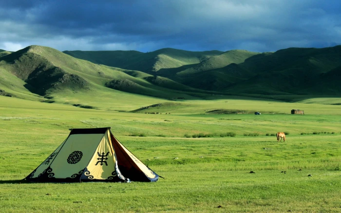 yellow and black dome tent nature landscape Mongolia steppe 2k