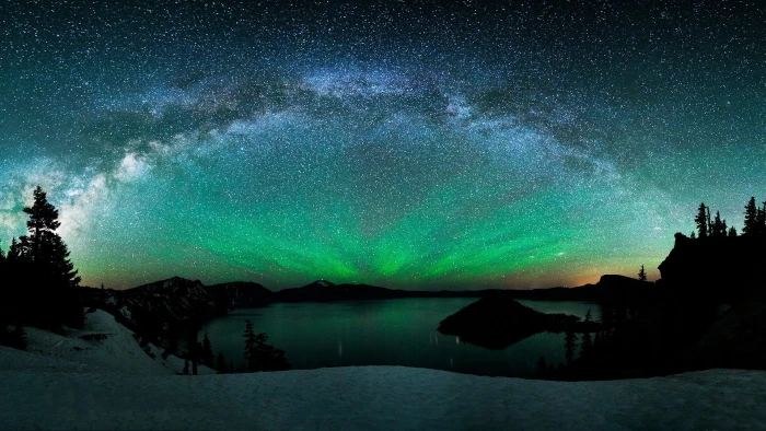 nature Mountain Lake night sky milky way Aurora Borealis 2k