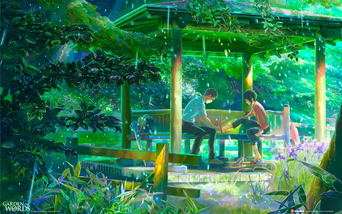 The Garden of Words rain Makoto Shinkai plant green color 2k