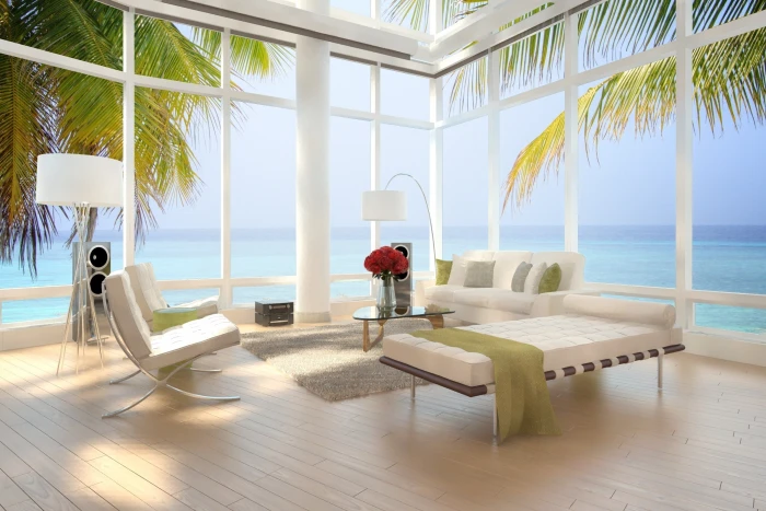 white matress design palm trees chairs bed Interior stylish 2k