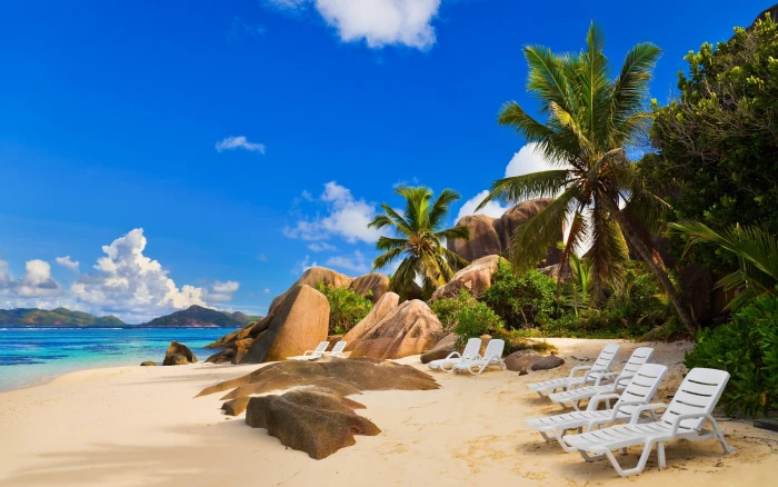 lounger chairs on sand near body of water digital wallpaper beach 2k