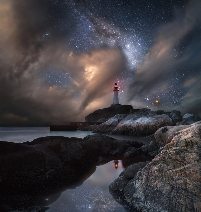 white and red lighthouse landscape water sky rock sea night 2k