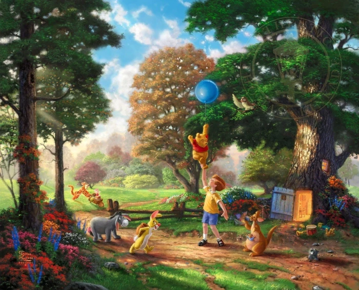 Winnie The Pooh illustration forest trees flowers glade toys 2k