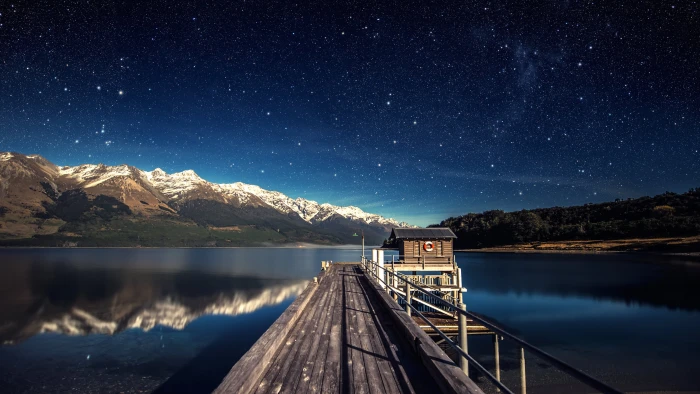 black wooden dock brown under starry night stars 2k 4k