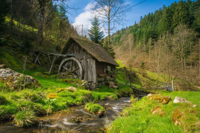 brown wooden house beside lake surrounded by trees painting mill 2k