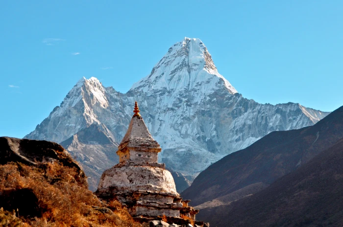 snow covered mountain himalayas ama dablam temple buddhism 2k 4k