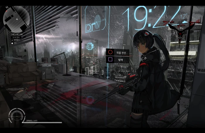 anime girls weapon Korean drone city rain night 2k