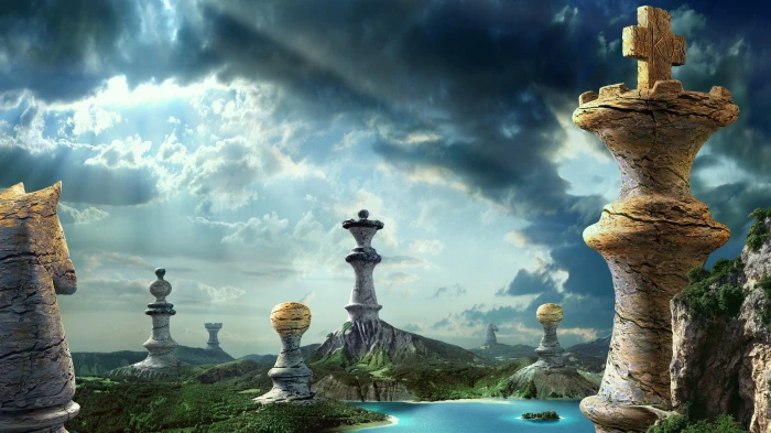 chess piece building artwork digital art fantasy clouds 2k