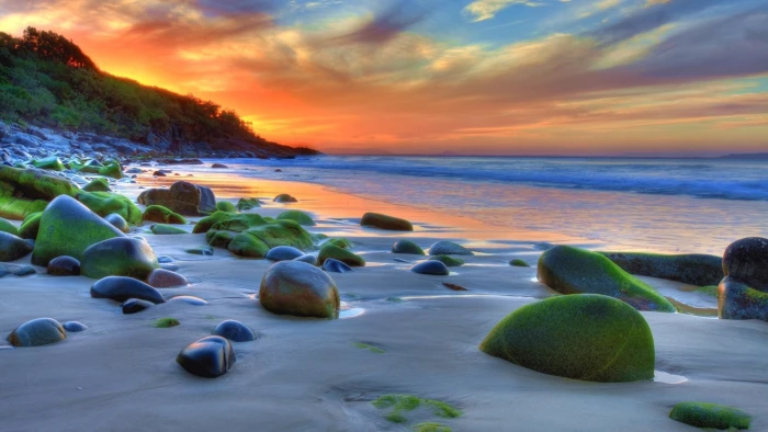 Sunset Ocean Sandy Beach Rocks Green Movi Water Nature Wallpaper For Desktop Mobile Phones And Computer 2k 4k