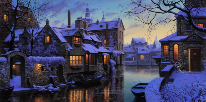city house boat night snow trees Evgeny Lushpin Stockholm 2k
