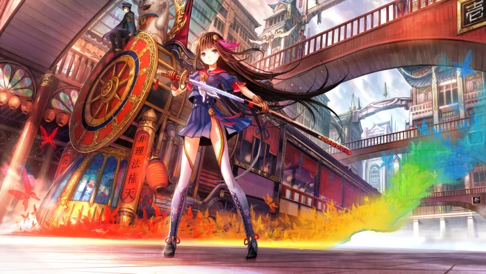female anime character holding sword train girls oriental 2k