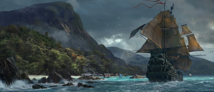 sake game sea pirate island ship wave vegetation 2k 4k
