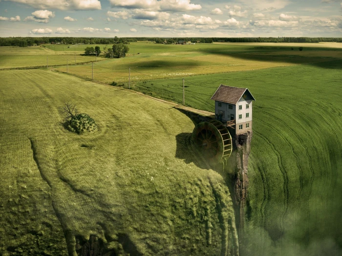 brown and white wooden house nature landscape Photoshop digital art 2k