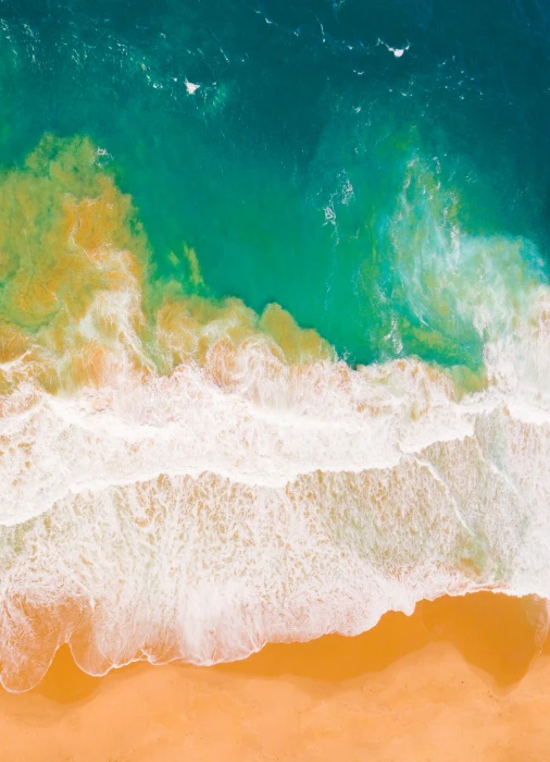 birds eye view of beach shore water wave sand green turquoise 2k