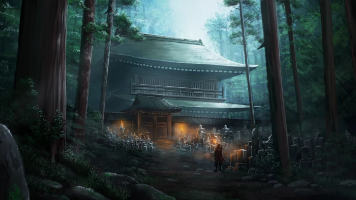 digital art soldier temple nature forest warrior fantasy 2k 4k