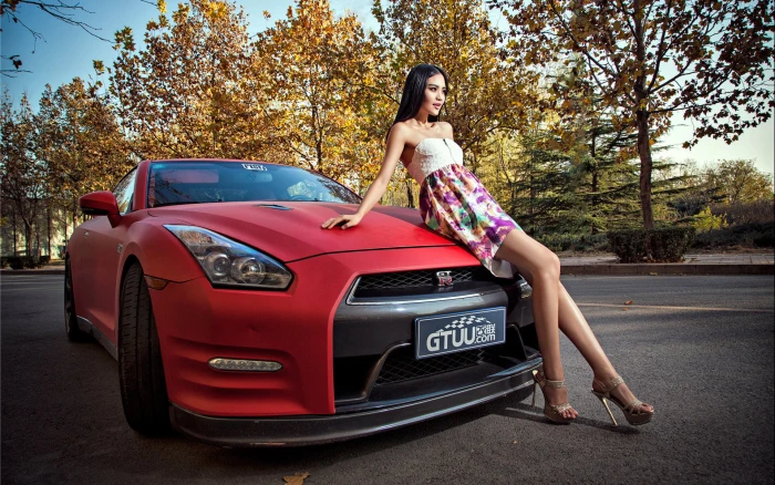 red Nissan Skyline GT R machine auto girl model Asian 2k