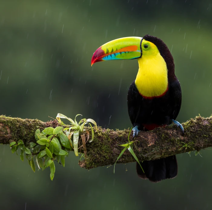 black and yellow bird on branch animal beak green rain toucan 2k 4k