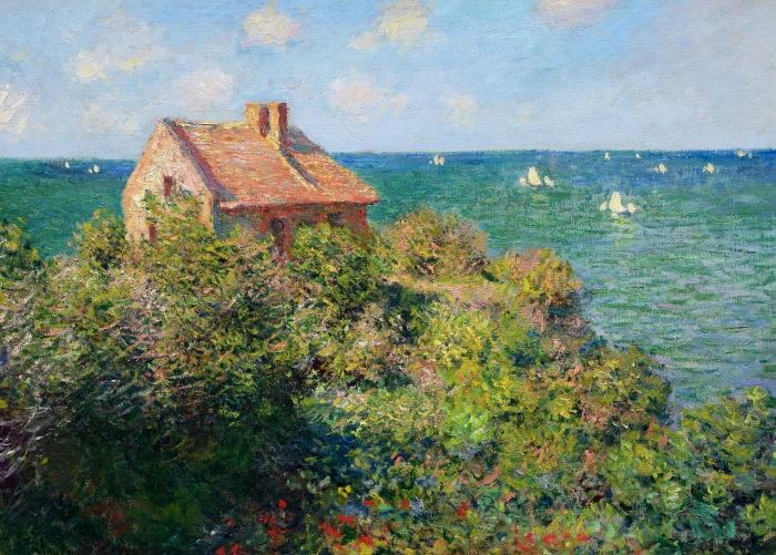 brown cabin painting the sky clouds landscape house boat 2k