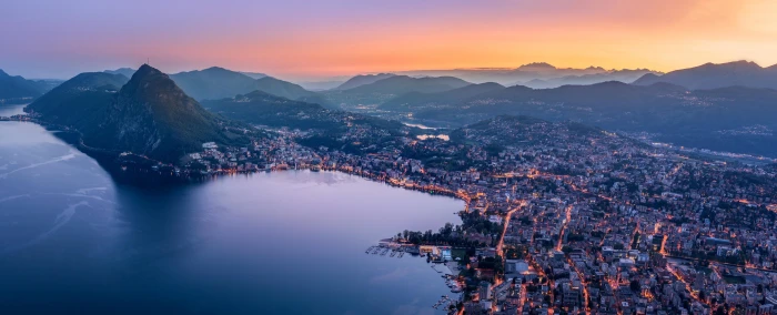 aerial view of city urban mountain aesthetic lake water 2k 4k