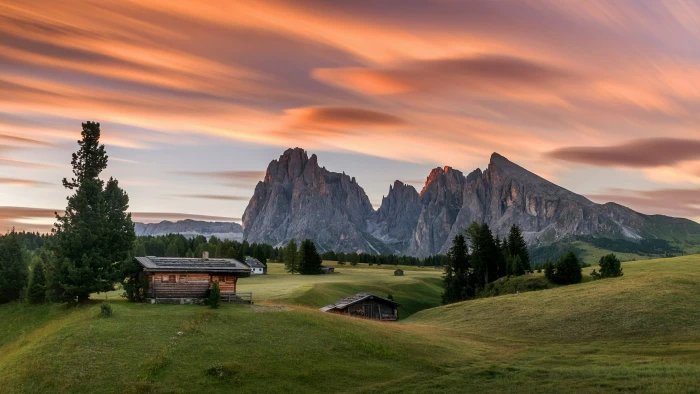 alps houses mountain village cabin log dolomites 2k 4k