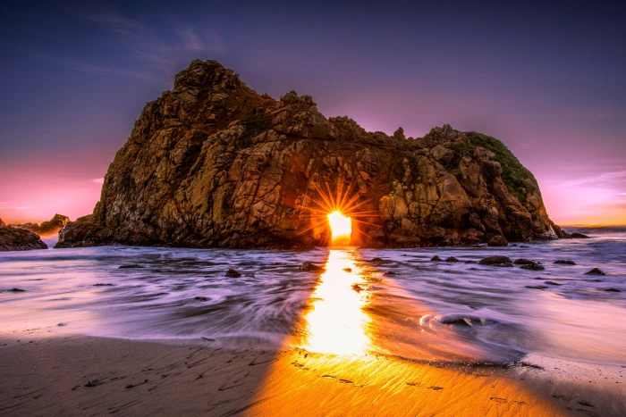 brown rock formation sea beach stones rocks dawn shore 2k