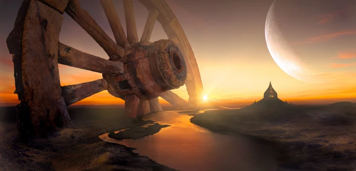 brown wooden cart wheel on body of water during sunset fantasy 2k 4k 5k