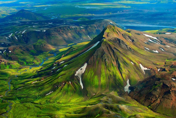 green mountain nature landscape mountains Iceland snow bird s eye view 2k