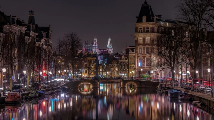 amsterdam europe city lights canal reflection netherlands 2k 4k