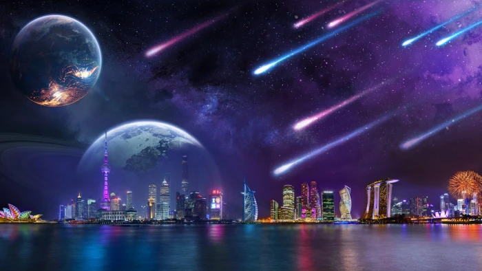city lights tower architecture skyscraper digital art 2k 4k