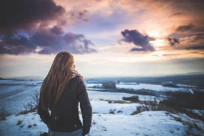 Girl and Fantasy Sky Scenery 1 clouds cold hills panorama 2k 4k