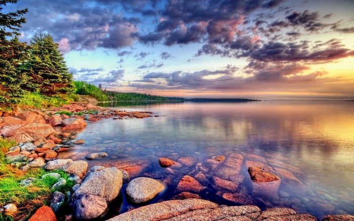 Landscape Nature Scotland Lake Stone Forest Green Trees Sky With Dark Clouds Horizon Wallpaper Hd High Resolution 2k